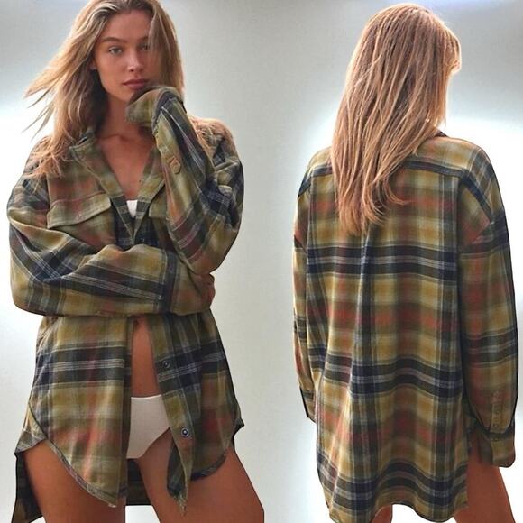 Free People Grunge 90s Flannel Plaid Izzie Cargo Shirt Jacket Shacket Medium - Picture 8 of 15